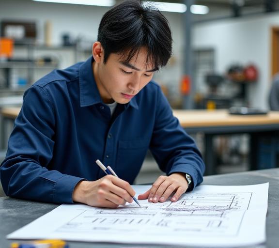 雲華製造のエンジニアが設計図を確認している様子